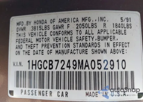 1991 Honda Accord Dx/Lx z USA, uszkodzony, nr VIN 1HGCB7249MA052910